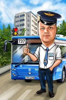 Шарж на белгородца-водителя автобуса в форме за рулем на фоне салона и дороги